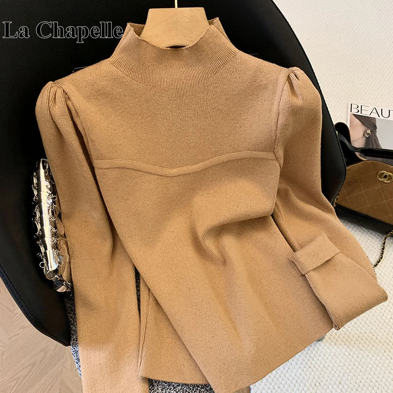 拉夏贝尔秋冬设计感泡泡袖针织衫女宽松高级独特半高领打底上衣女