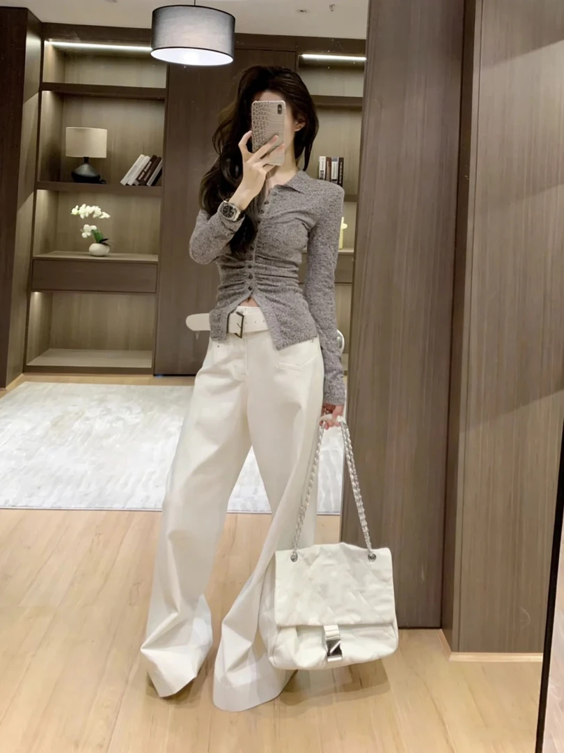 2026秋冬新款法式高级感气质针织开衫白色通勤百搭好看阔腿裤套装