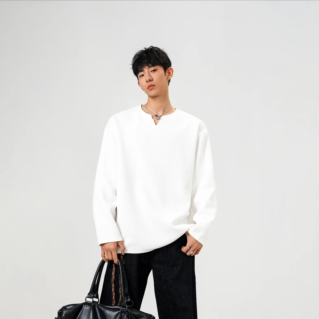 muxiaofei/慕小菲【早秋风】美式春秋潮牌肌理感长袖T恤V领打底衫