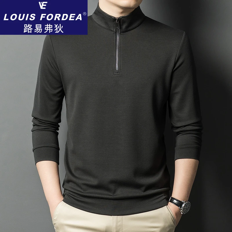 Louis Fordea路易弗狄/立领羊毛长袖t恤男士商务polo衫休闲打底衫