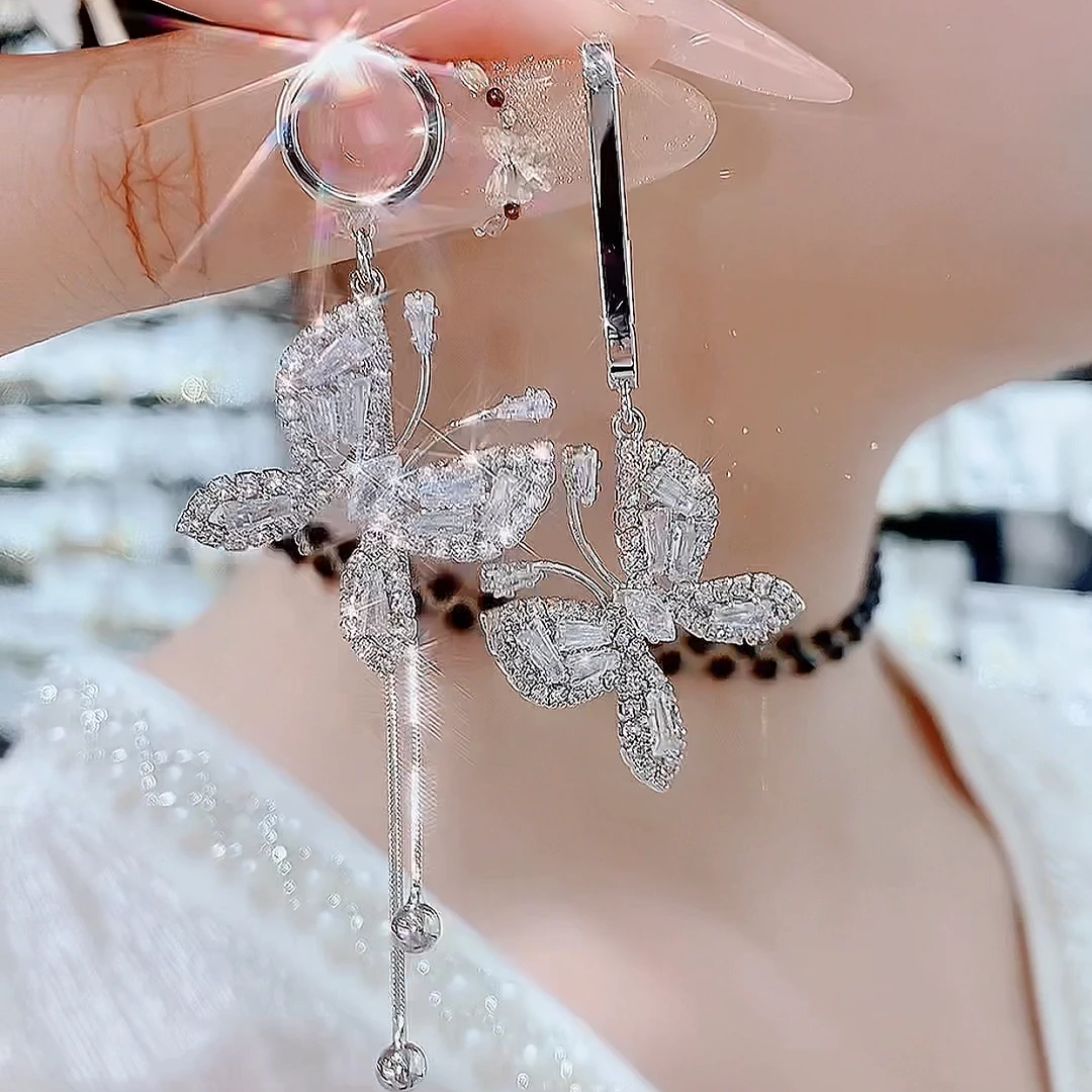 铜合金玻璃耳饰 879-蝴蝶S925银针明艳重工时尚温柔不对称耳环