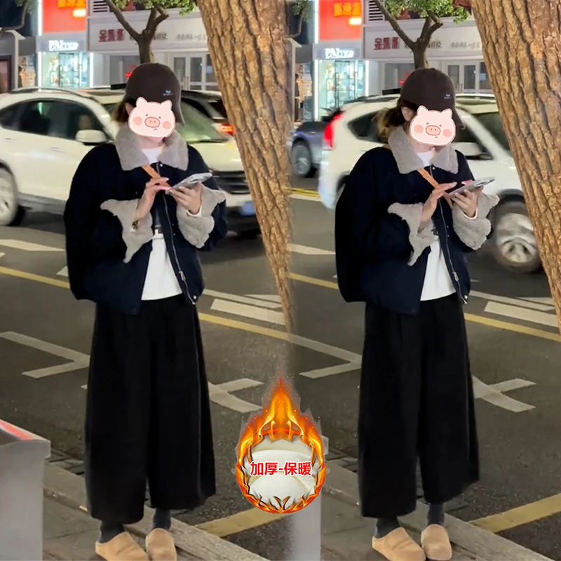 韩版拼接百搭翻领夹棉工装派克服外套女2025冬新款休闲两件套潮