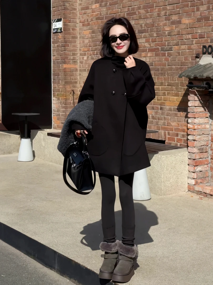 休闲极简风秋冬新款立领双排扣毛呢外套女百搭显瘦松弛感日常穿搭