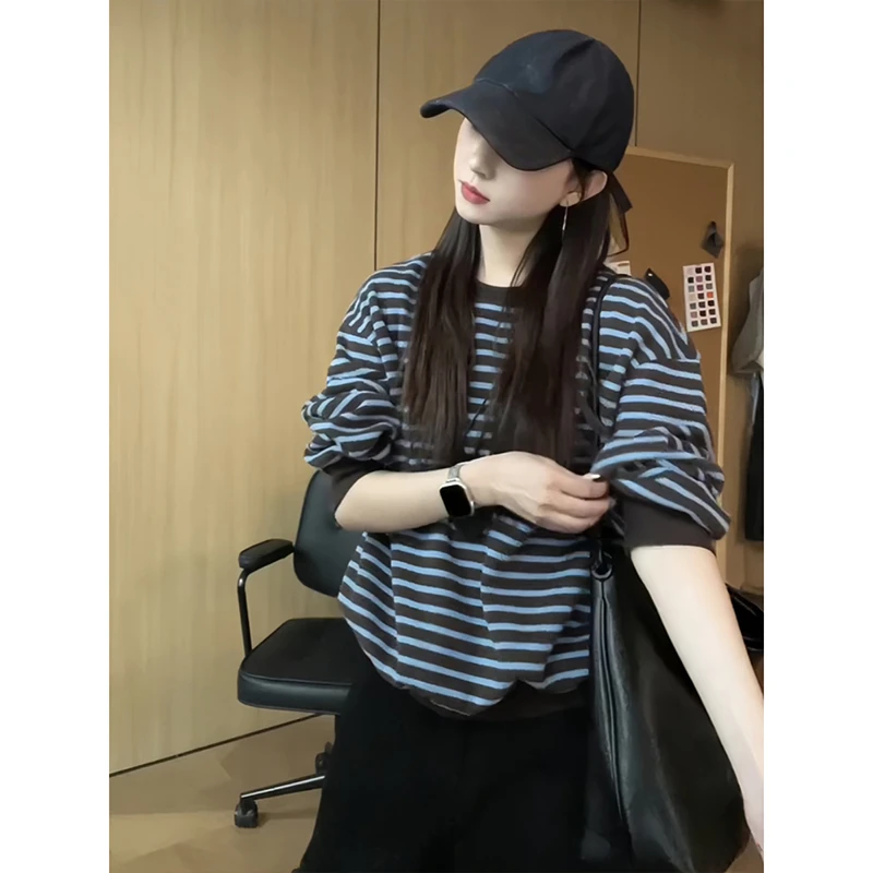 韩版百搭圆领条纹撞色卫衣2025新款爆款时尚洋气小个子宽松上衣女