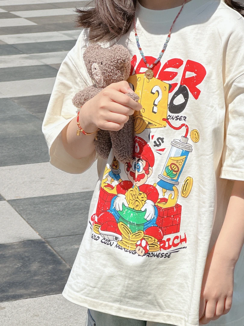 马里奥奶杏色中性女童韩版T恤上衣夏季百搭儿童