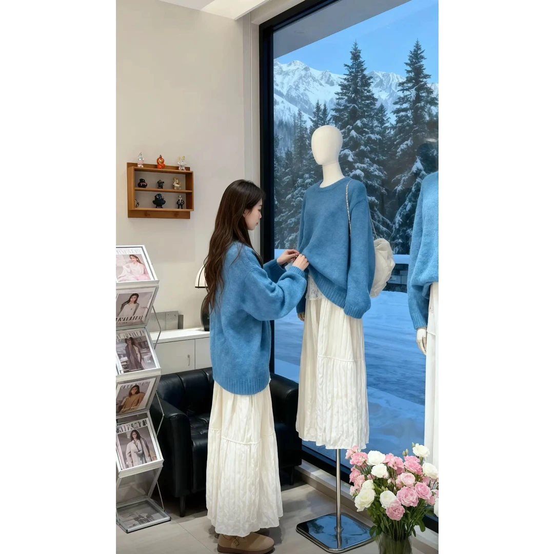 巨好看的秋冬一整套装韩系温柔风蓝色毛衣针织女上衣半身裙两件套