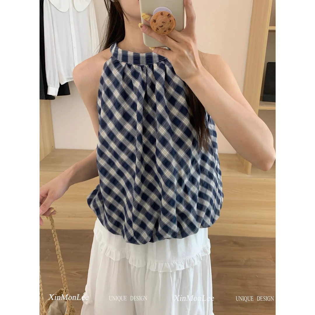 黑猫+法式复古露肩格纹T恤宽松上衣女小个子气质挂脖无袖吊带背心