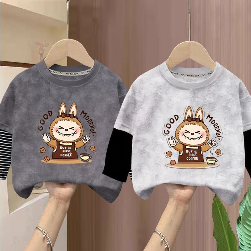 宝宝儿童卡通拉布2025纯棉长袖扎染新款假两件圆领男童T恤上衣t恤