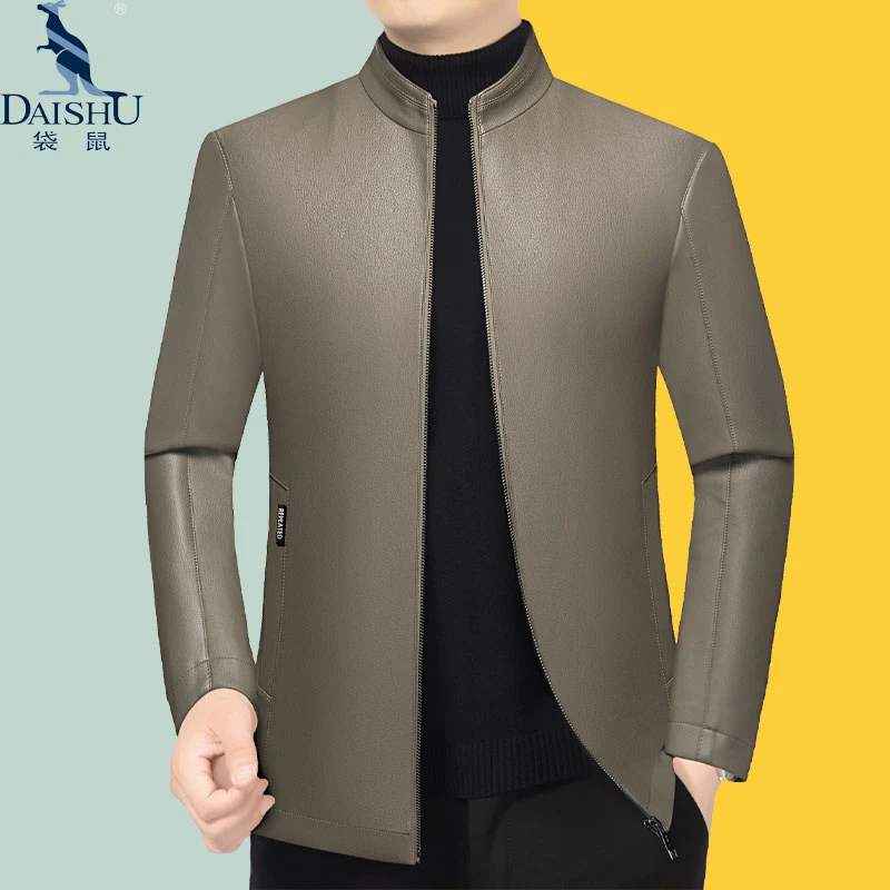 袋鼠秋冬款皮衣中年男士外套立领高档商务休闲纯色皮夹克爸爸男装