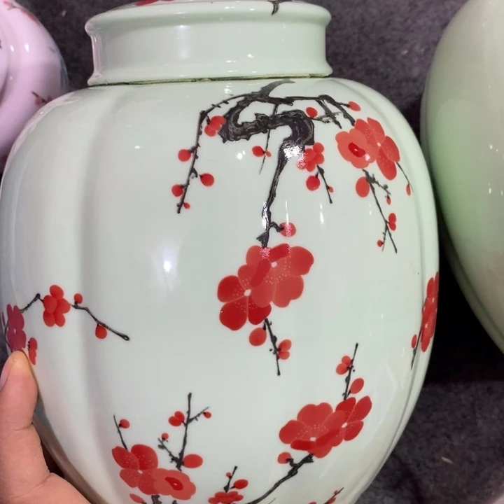 盖碗陶瓷绿稀土红梅罐子