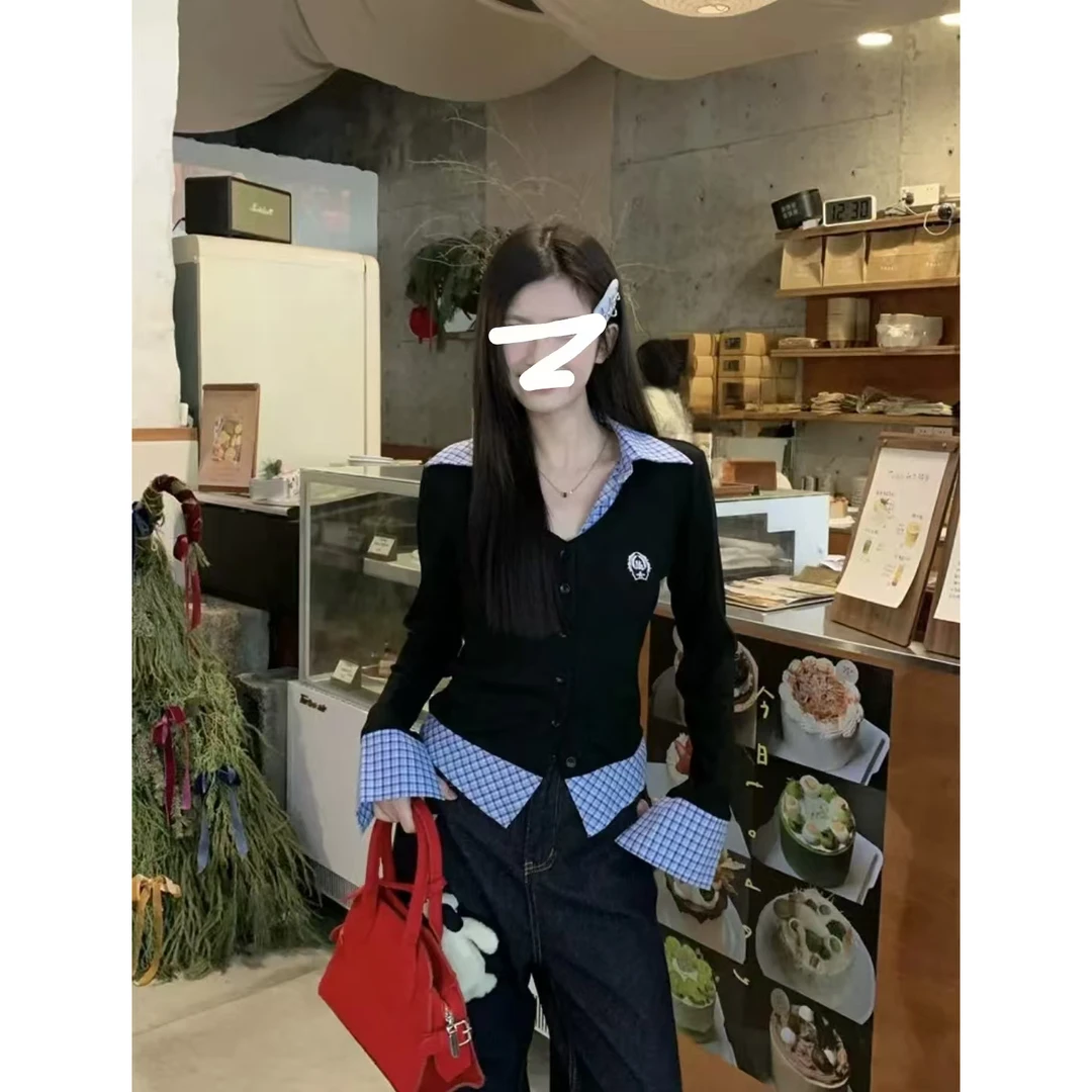 （1201）格纹假两件polo领长袖t恤女高级感修身独特气质内搭上衣