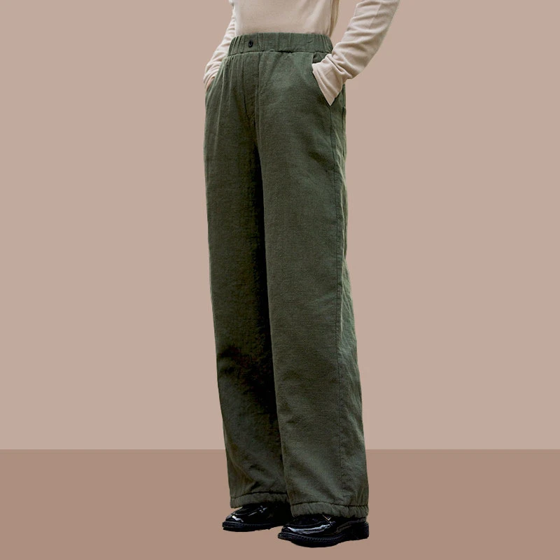 秋冬季新款亚麻直筒休闲裤子夹棉加厚保暖显瘦外穿棉裤苎麻阔腿裤