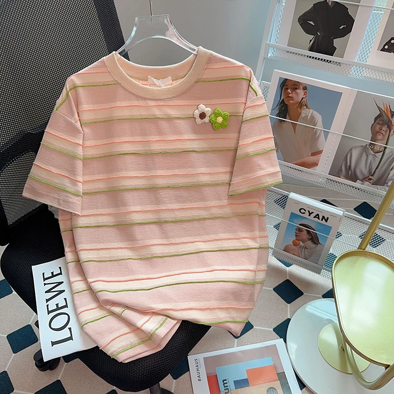 实拍大量现货孕妇装上衣夏装2025新款立体花朵T恤彩虹条纹夏