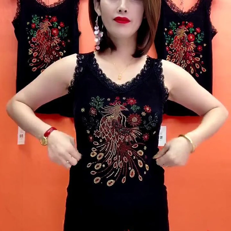 新款凤凰图案背心内搭蕾丝花边弹力透气烫钻洋气女士打底小衫