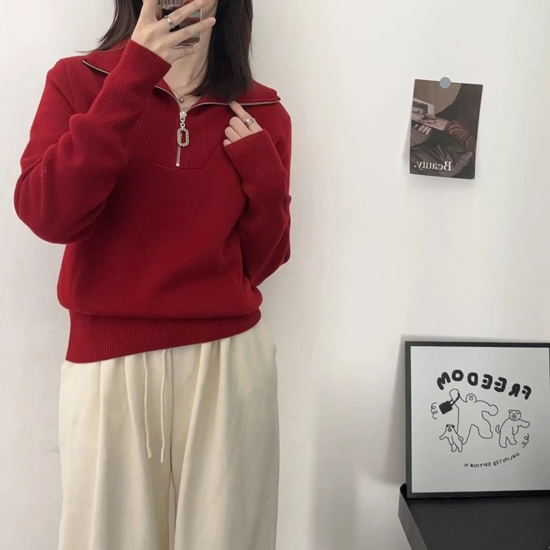 韩版半开领白色毛衣女款2025新款冬季慵懒风休闲宽松套头针织上衣