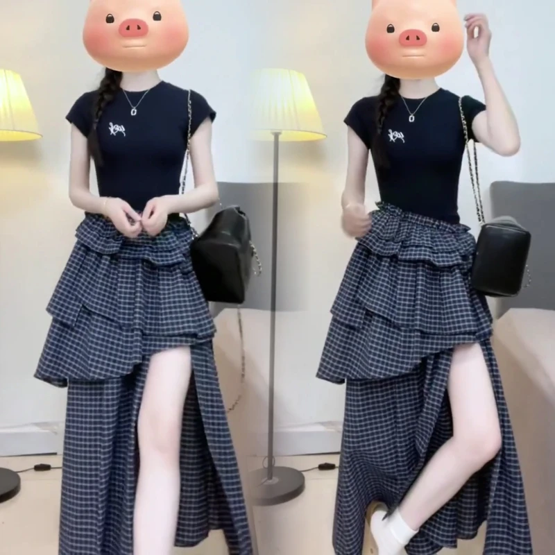 新款2025高腰显瘦多层裙摆设计连衣裙女夏季韩系通勤包臀裙子女装