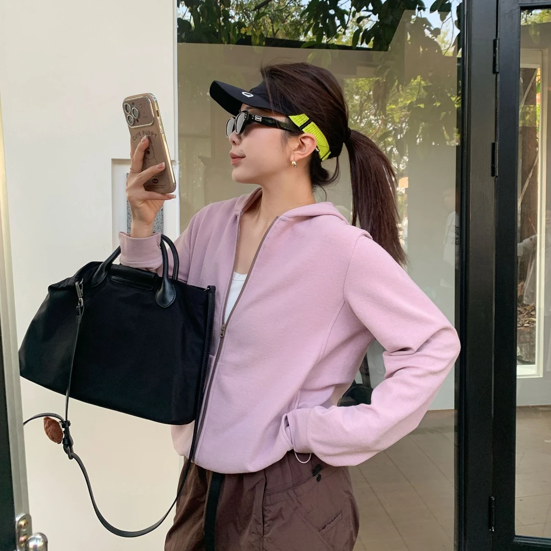 【小雨姐在这里】休闲百搭薄款粉色口袋连帽外套女 W6881