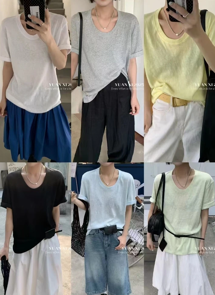 温柔瑶-元熙#宽松百搭极简U领雪花短袖T#8279