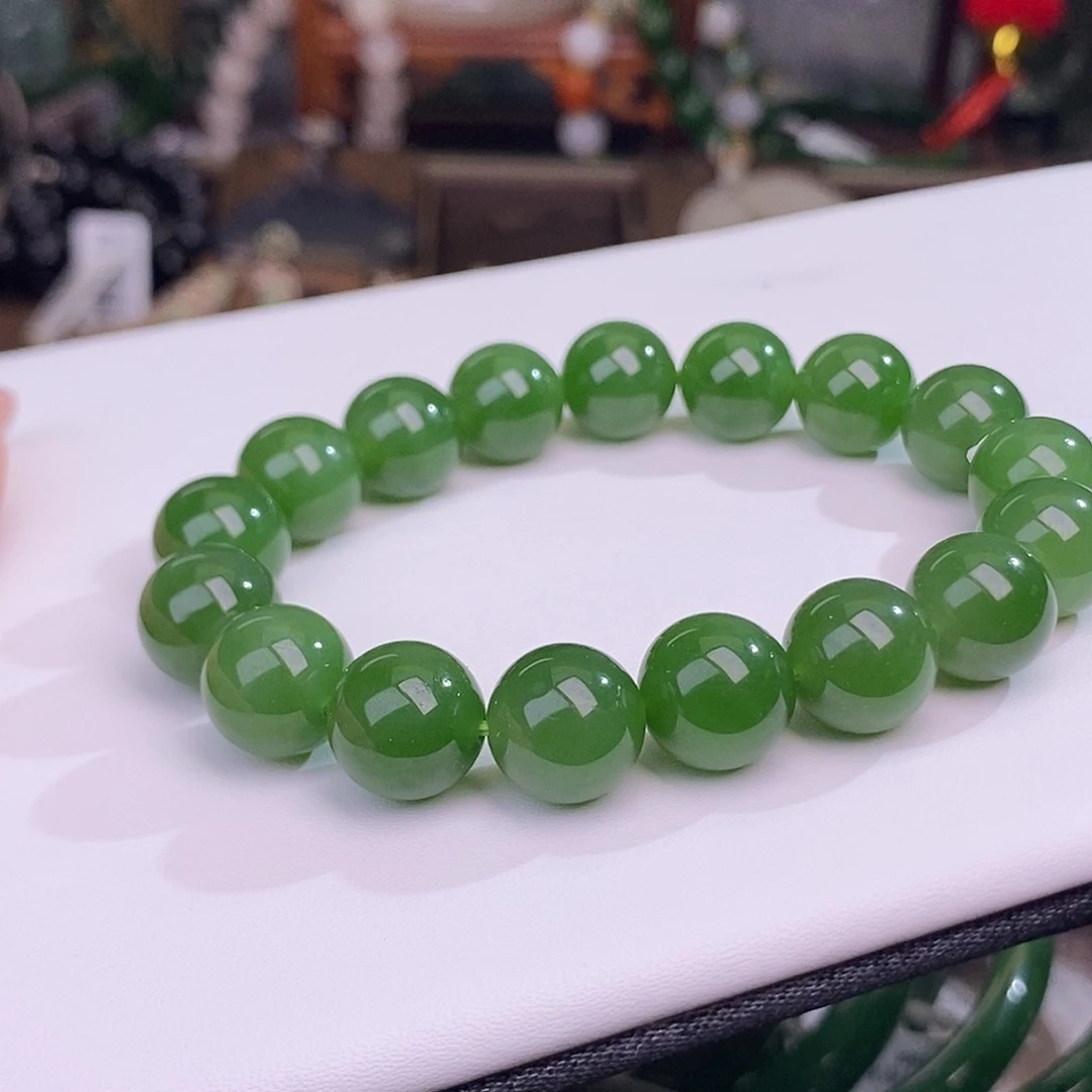 和田玉碧玉老料满色满绿金镶约12mm手串未镶嵌