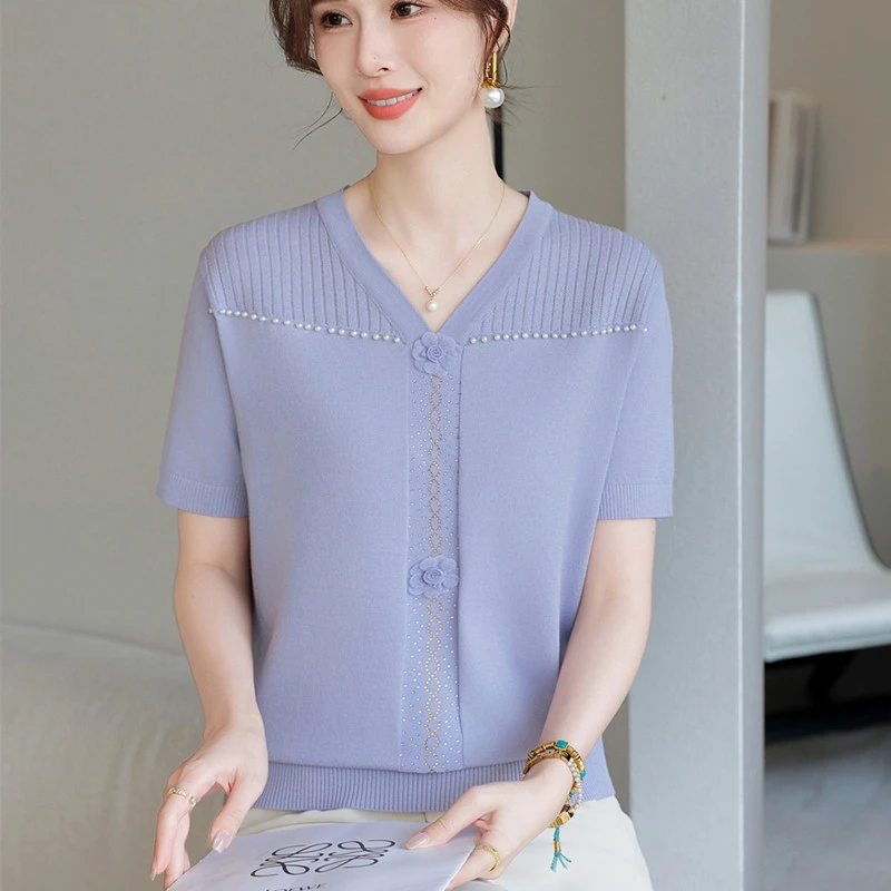 洋气妈妈夏装上衣2025新款针织短袖T恤V领冰丝小衫中老年女士薄款