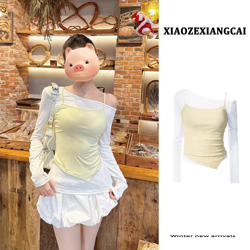 开春穿搭一整套2025早春季女装斜肩T恤上衣叠穿吊带背心两件套装