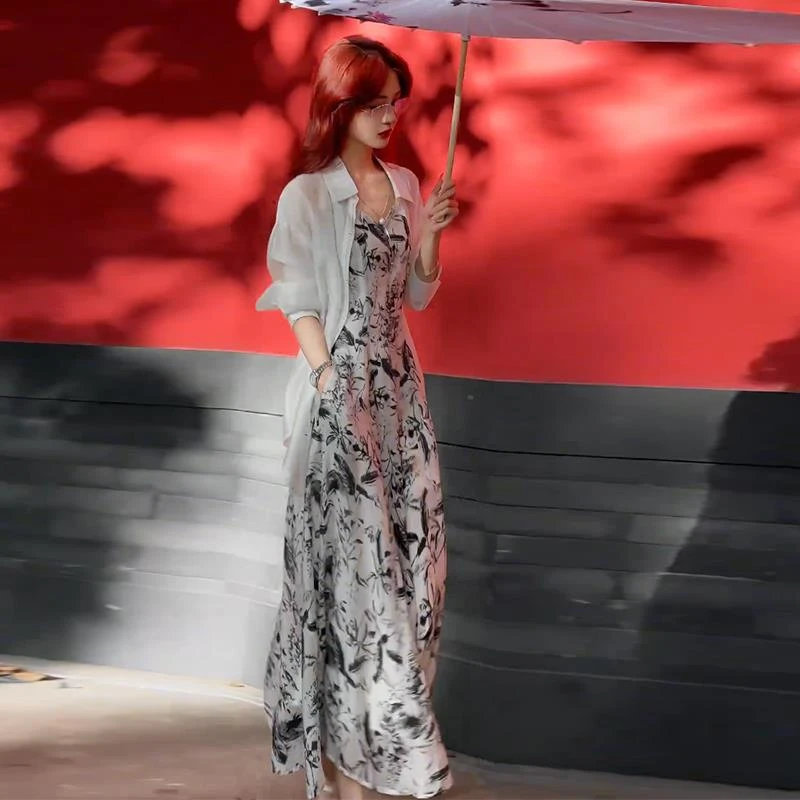 时尚连衣裙女夏季新款洋气显瘦冰丝防晒衬衫搭配吊带裙子两件套裙