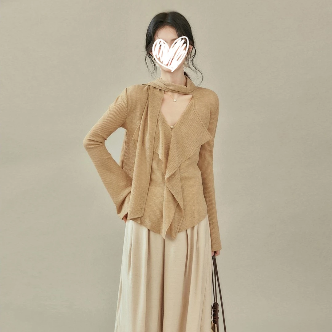 法式不规则针织长袖穿搭套装女早秋新款独特别致上衣阔腿裤两件套