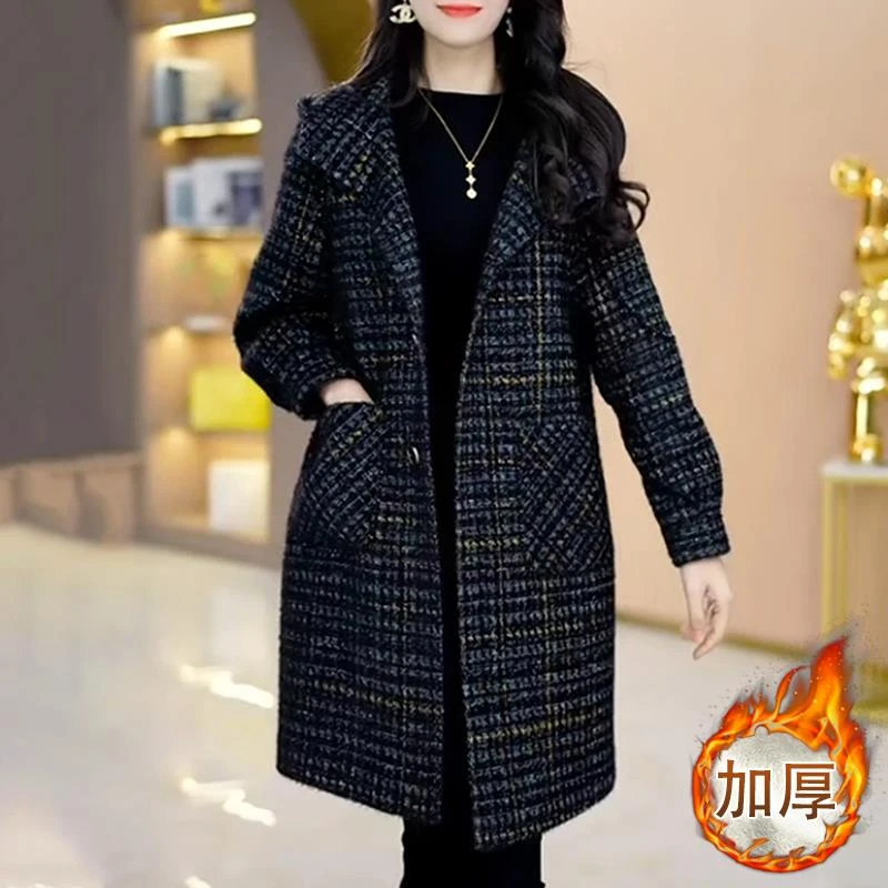 毛呢大衣女秋冬新款C时尚韩版气质格纹连帽中长款加厚长袖外套女