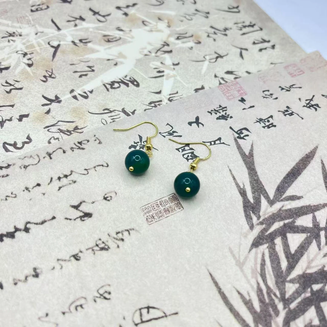 天然玉石 复古简约绿单珠耳坠 多样性发货拍一发一 M190