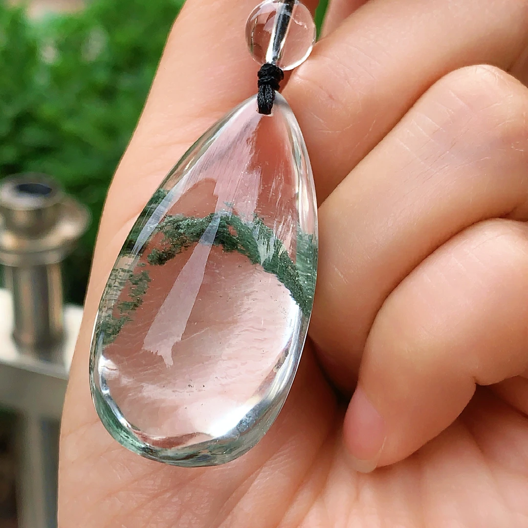 东海水晶天然绿幽灵水晶吊坠毛衣链平安通透水滴项坠男女款聚宝盆