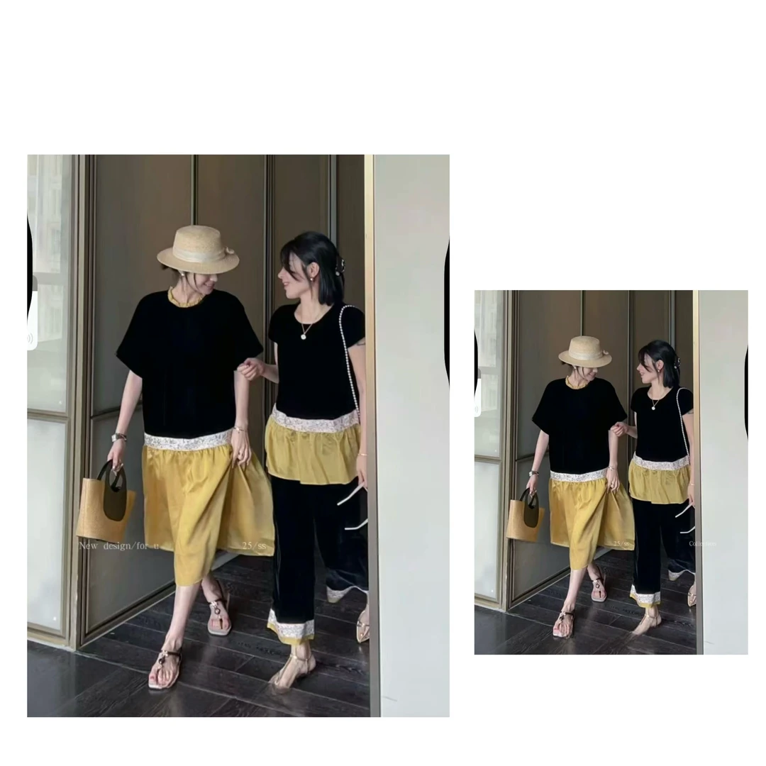 柚茗精选------夏季欧若风气质拼接短袖套装-Q