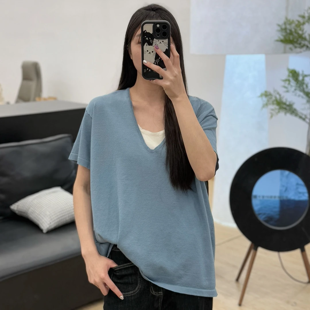 JUANJUAN自制v领拼接假两件蓝色短袖