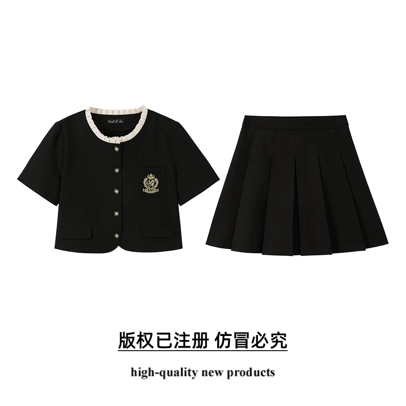 奢姿大码女装2025夏季减龄绣花百褶两件套胖妹妹时尚学院风套装