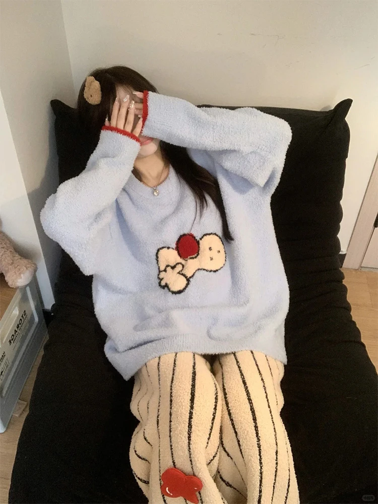 2025冬季新款可爱软糯半边绒睡衣女款加厚保暖珊瑚绒家居服可外穿