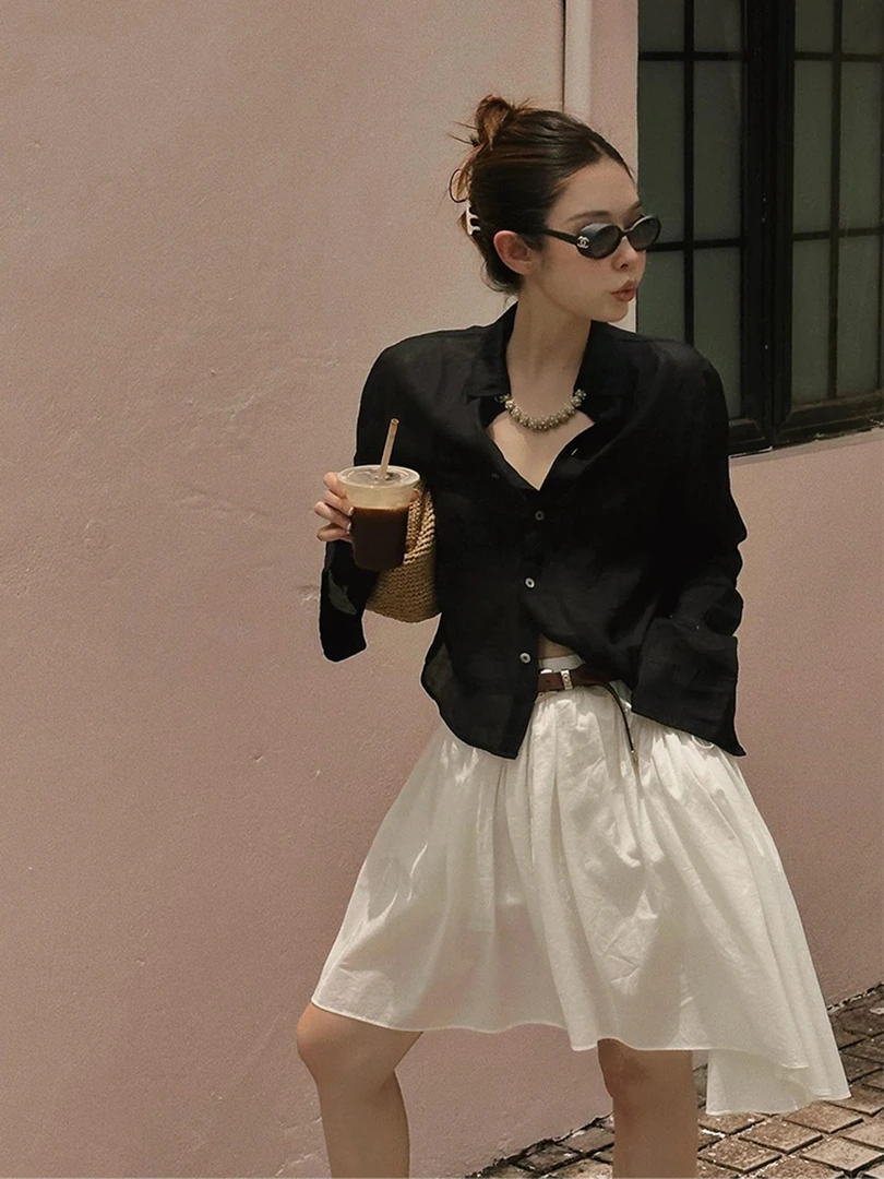 2025超火秋装一整套韩系松弛感时尚减龄黑色衬衫简约百搭上衣女潮