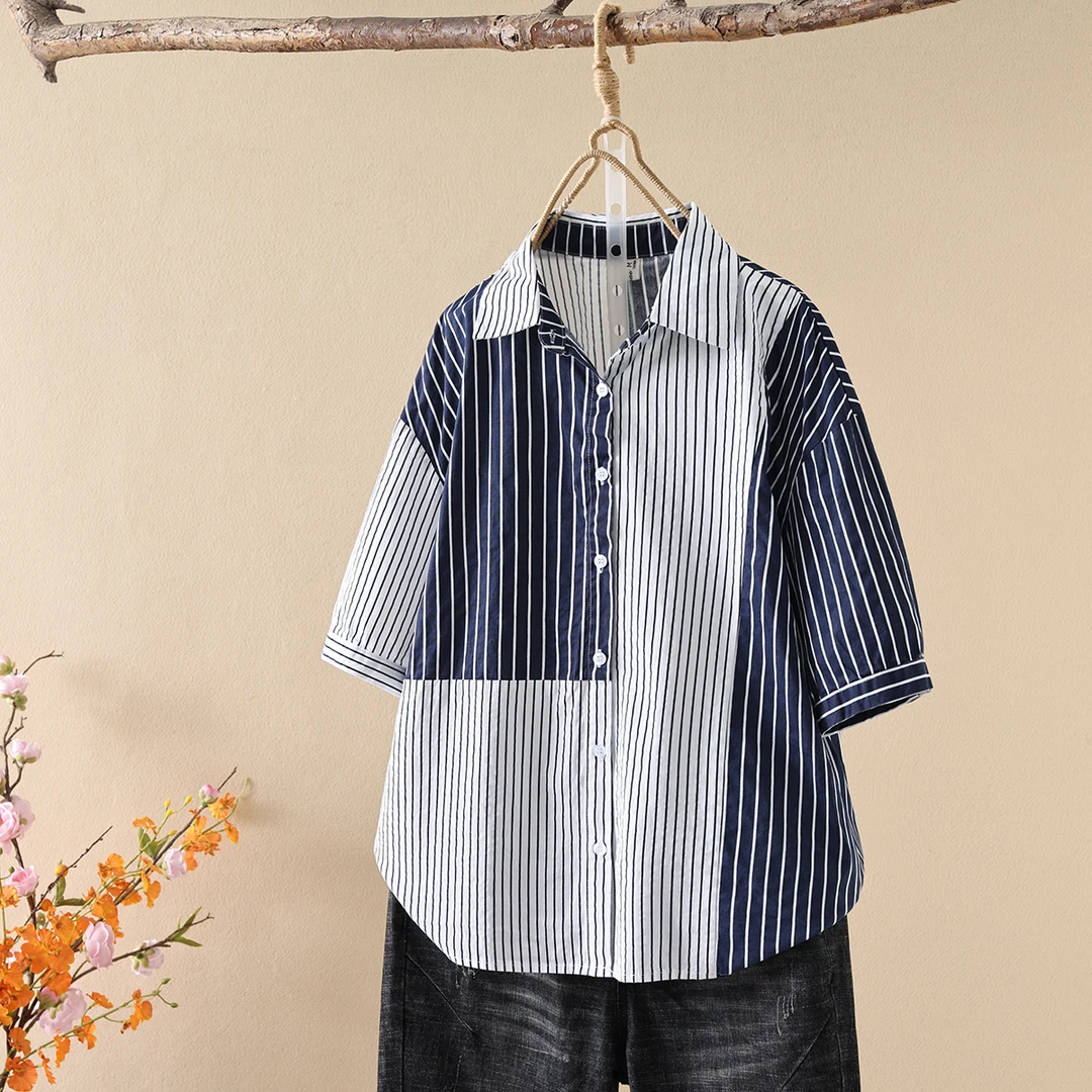宽松韩版撞色拼接条纹短袖新款衬衫女设计感小众夏季百搭洋气衬衣