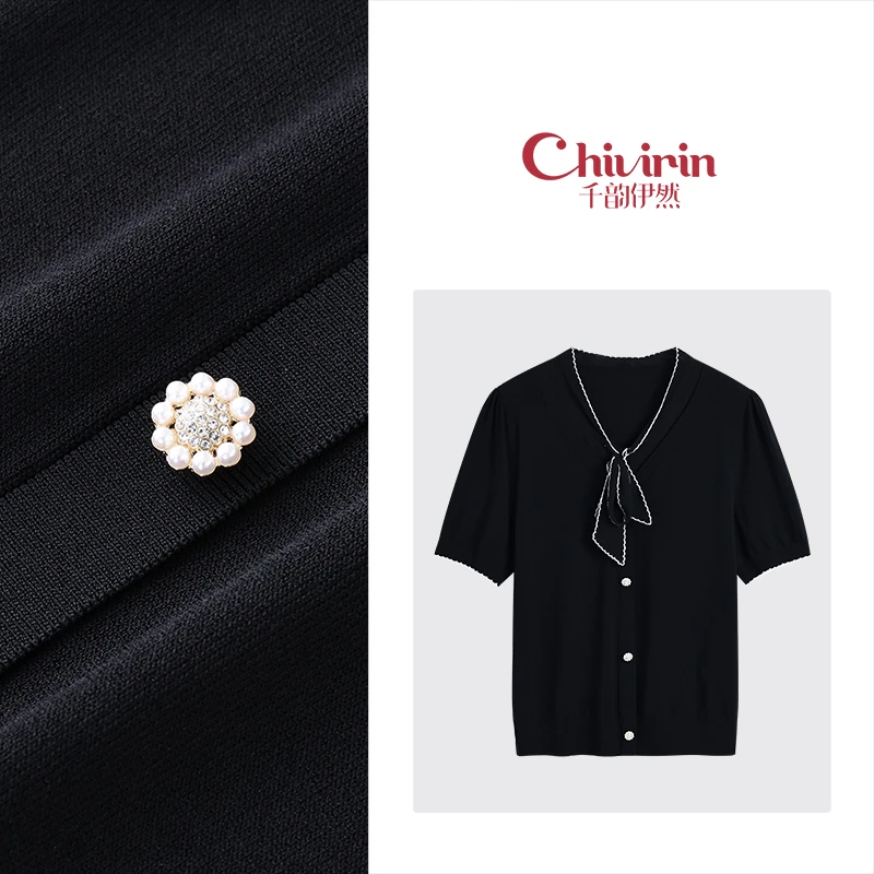 【千韵伊然】休闲风气质显瘦时尚设计感黑色飘带针织衫上衣0204