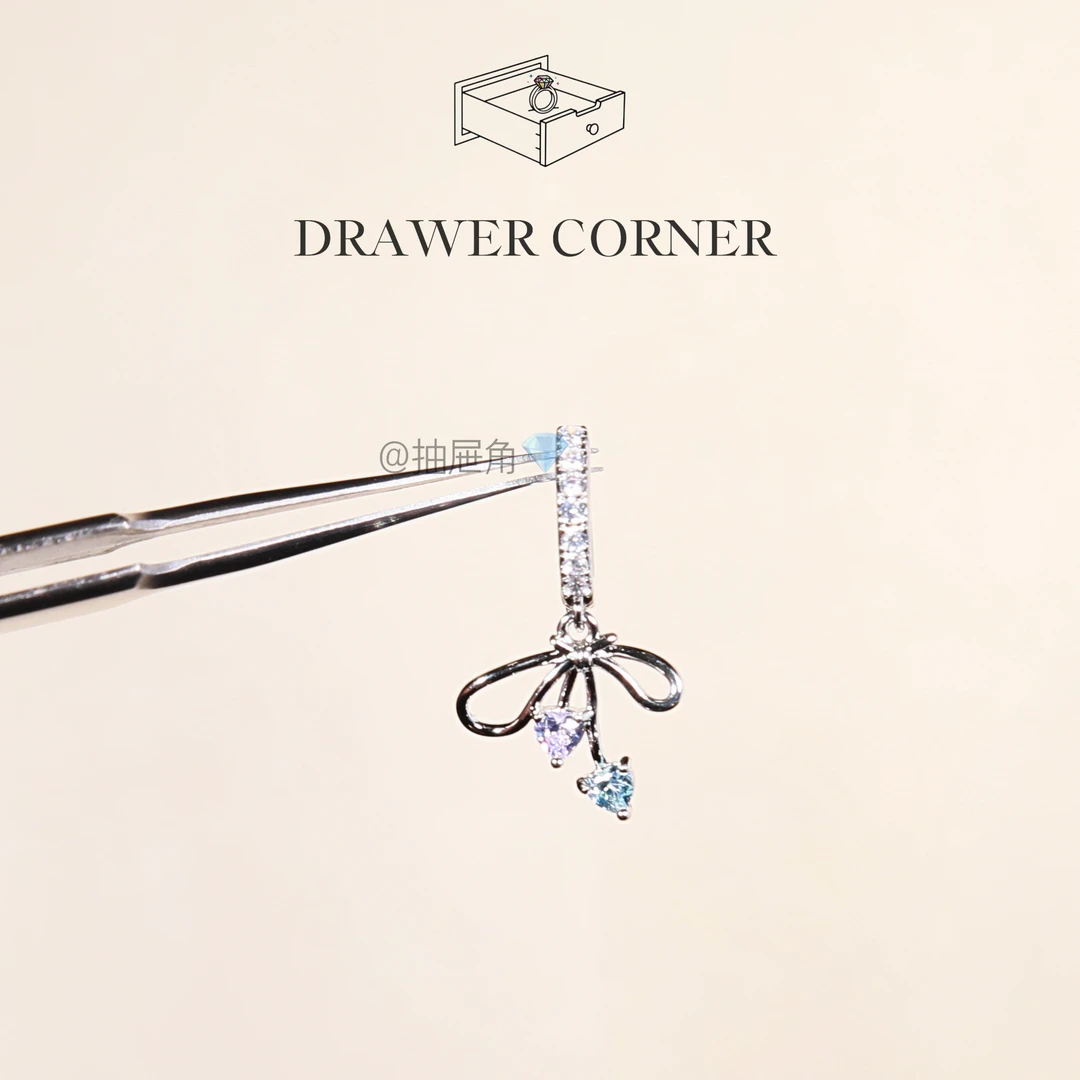 合金锆石耳饰 小众合金丝带蝴蝶结吊坠满锆石爱心直针耳扣