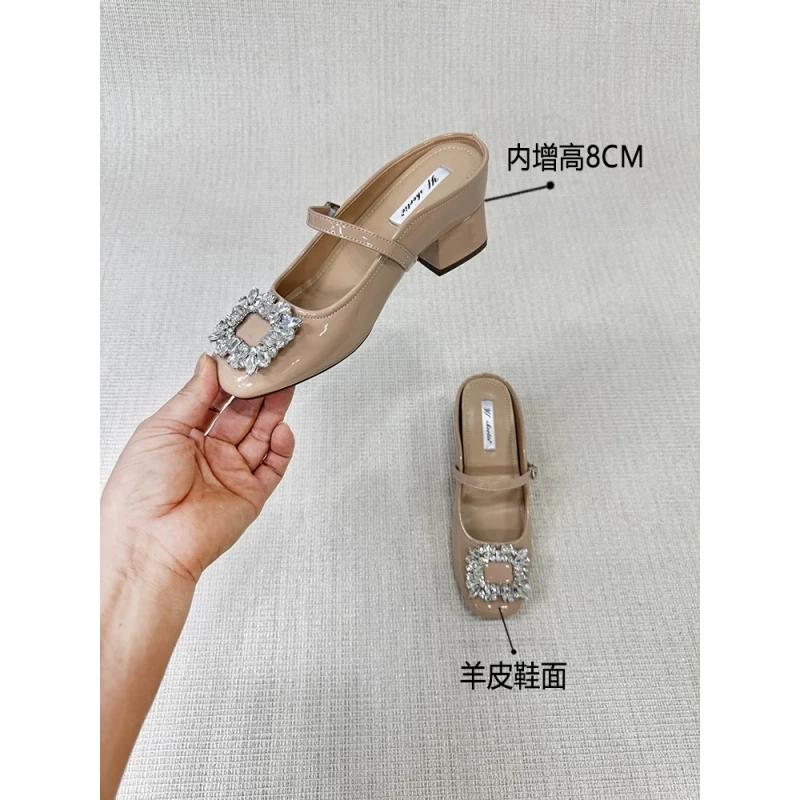 真皮版内增高8cm法式玛丽珍包头半拖鞋夏季时尚外穿方扣水钻凉拖