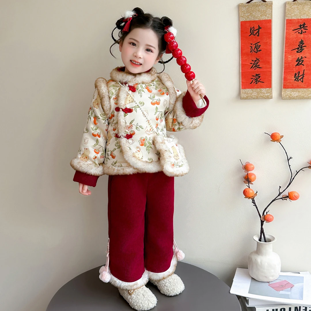 女童加厚年服套装冬季2025新款儿童新中式国风两件套宝宝保暖冬装