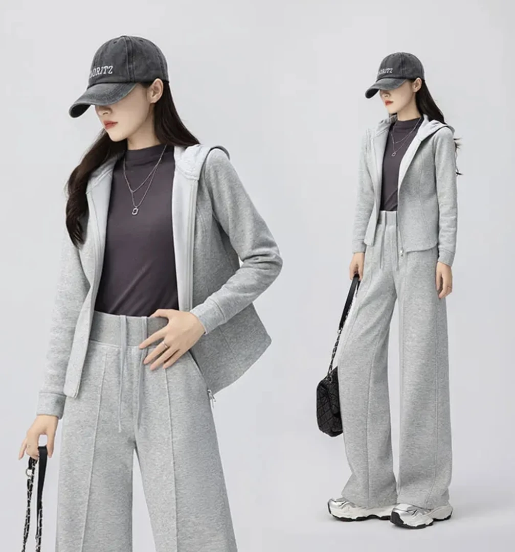 秋冬季新款加绒连帽时尚运动套装女健身百搭显瘦休闲卫衣运动裤