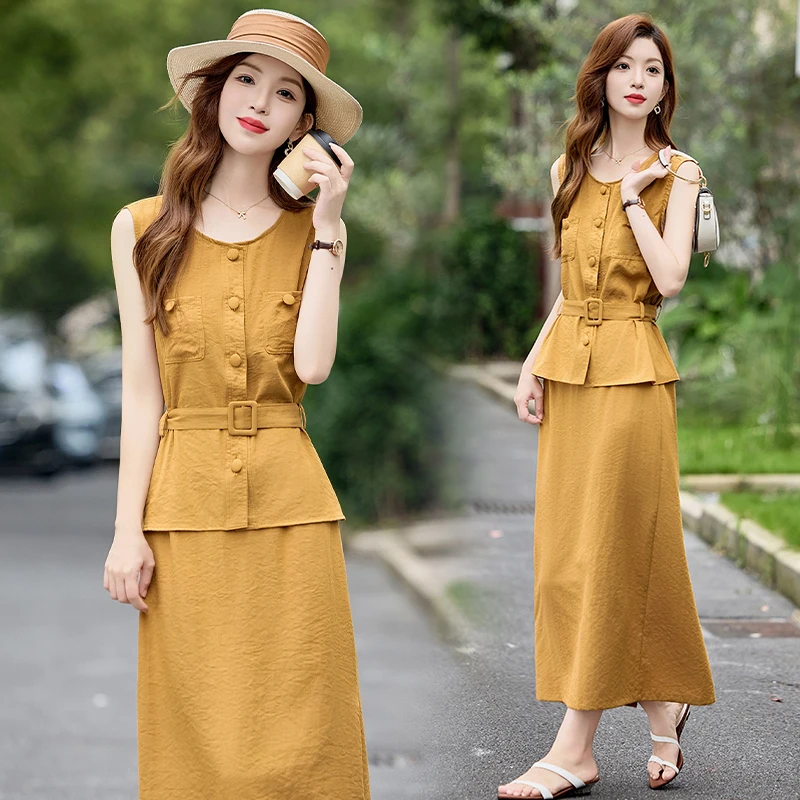 松弛感通勤休闲套装裙女2025年夏季新款无袖收腰衬衫半身裙两件套