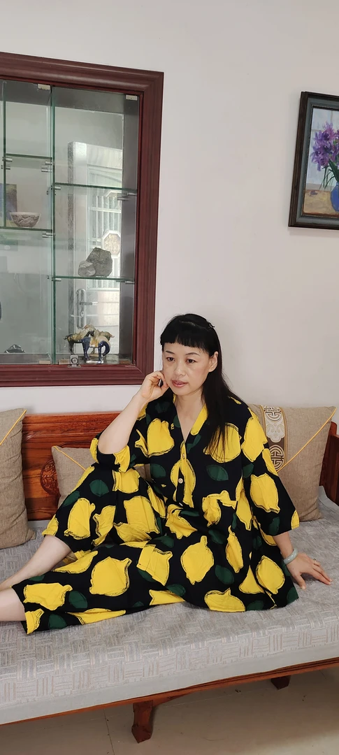 柠檬款对襟休闲时尚七分袖夏季棉绸睡衣印花宽松家居服空调服薄款