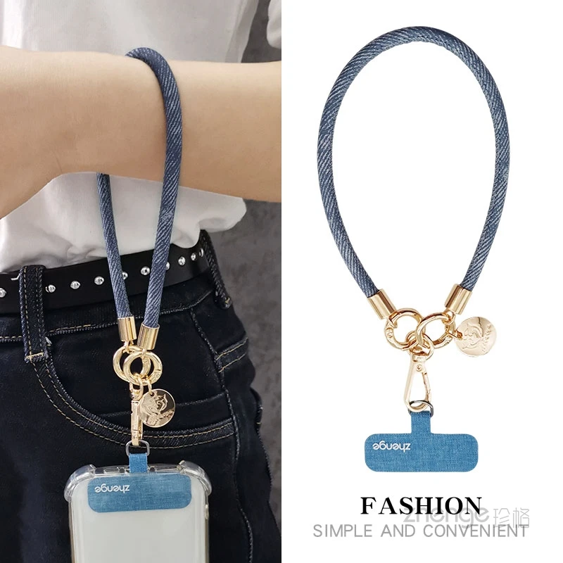 简约布纹手机挂绳手腕短款女时尚户外防丢手绳旅游挂件金色挂钩扣