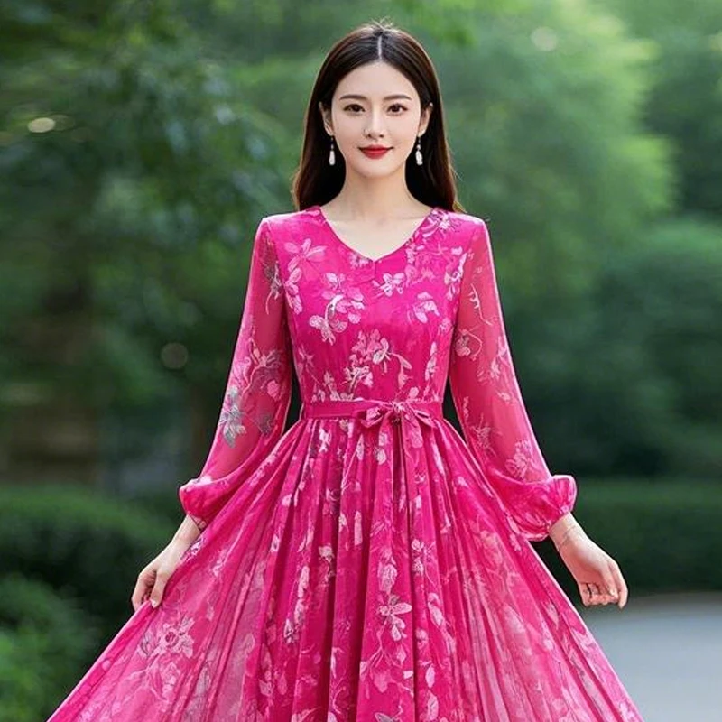 2025雪纺夏季印花显瘦短袖长款碎花新款连衣裙收腰长裙裙子