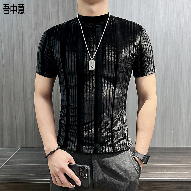 小中领短袖t恤男款爆款2025新款绒布条纹打底衫男弹力修身体恤男