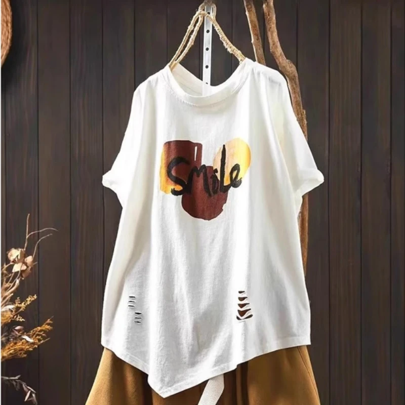 不规则下摆破洞印花纯棉短袖t恤女设计感2025新款夏宽松休闲上衣