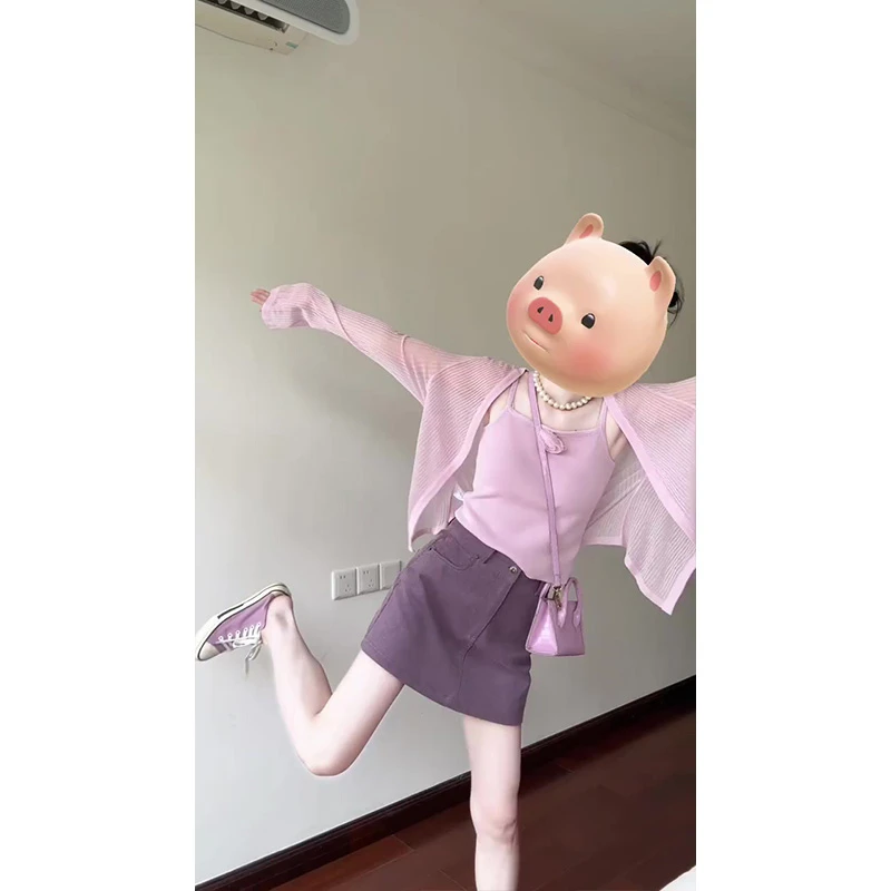 法式吊带背心+针织开衫两件套2025秋季新款修身上衣+裙子三件套