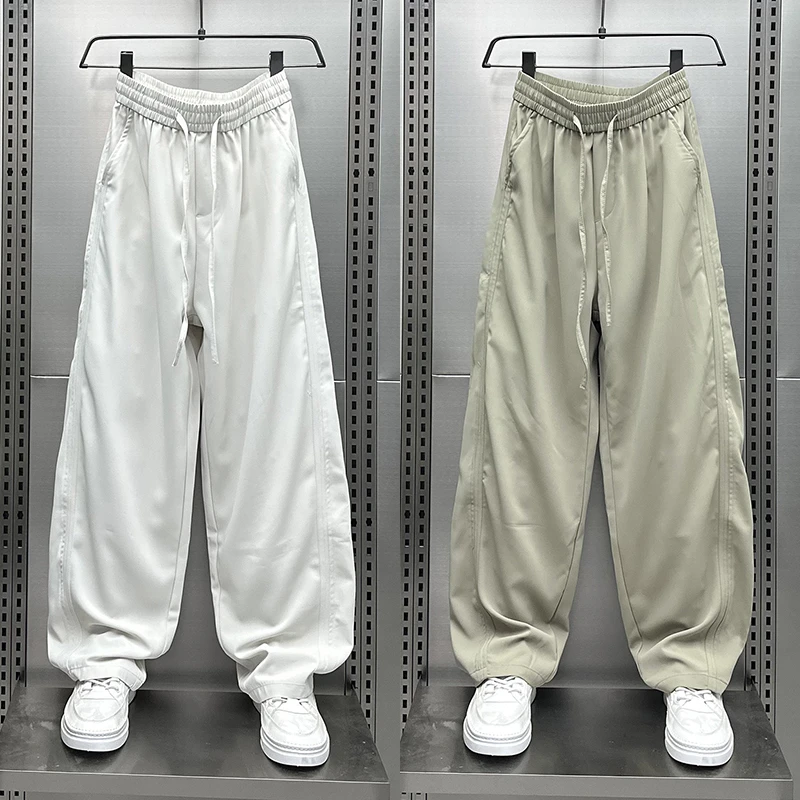 夏季高定款宽松舒适冰丝垂感运动休闲裤男士拼接抽绳直筒阔腿长裤
