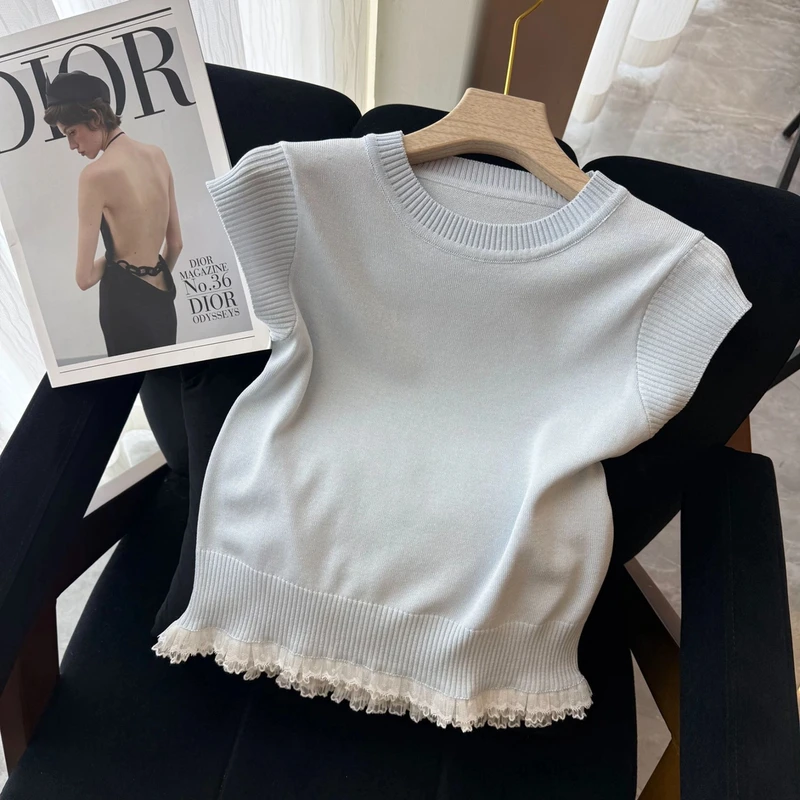 法式下摆蕾丝花边拼接针织T恤女2025夏季款小众气质独特短袖上衣